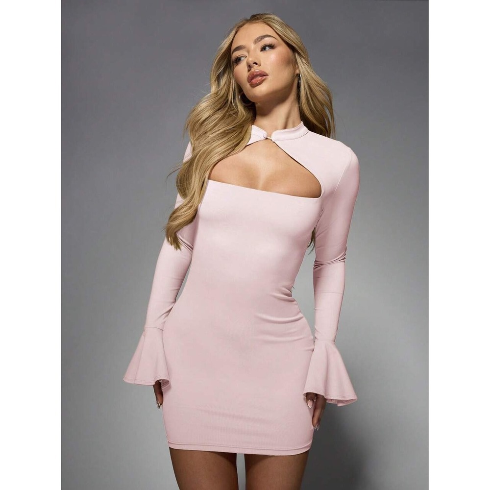 Missguided Pink Mock Neck Cutout Long Sleeve Flared Cuff Mini Dress Size S NWT